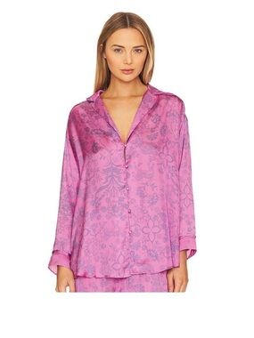 Free People Dreamy Days Pajama Satin Top Pink Sugar Snaps Combo Large